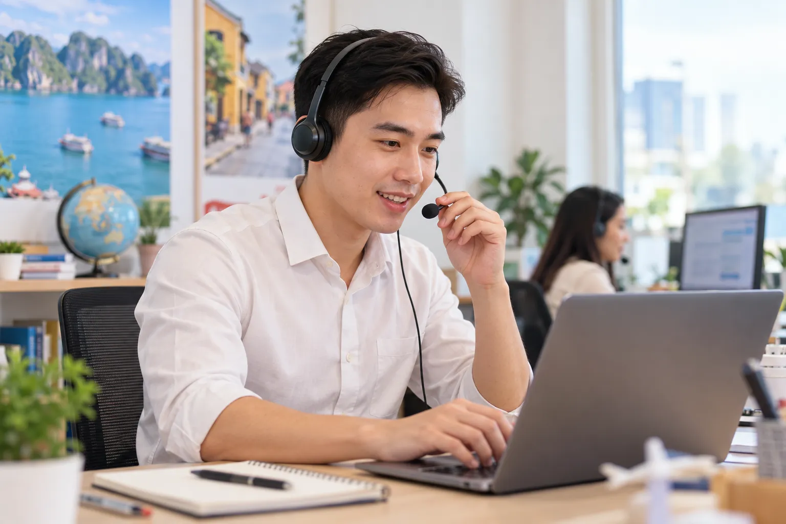 Nhân viên đeo tai nghe hỗ trợ khách đặt vé máy bay