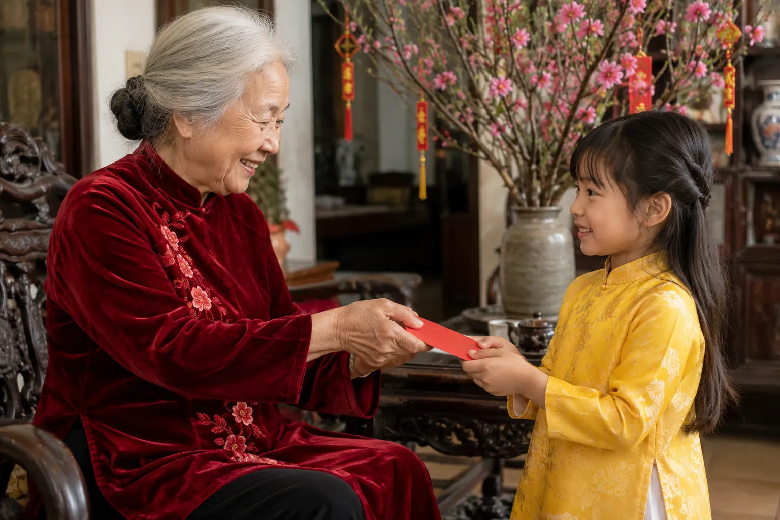 Bà trao phong bao lì xì cho cháu ngày đầu năm