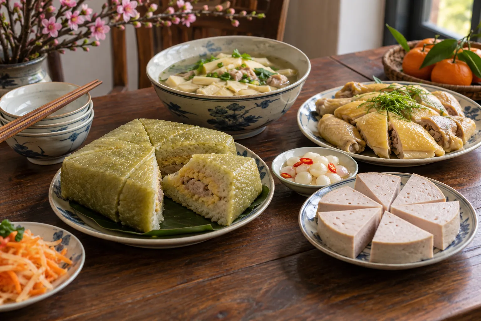 Mâm cỗ Tết miền Bắc với bánh chưng, giò lụa và gà luộc