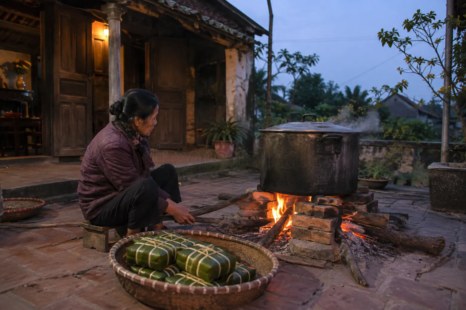 Người phụ nữ trông nồi bánh chưng trên bếp củi lúc chạng vạng