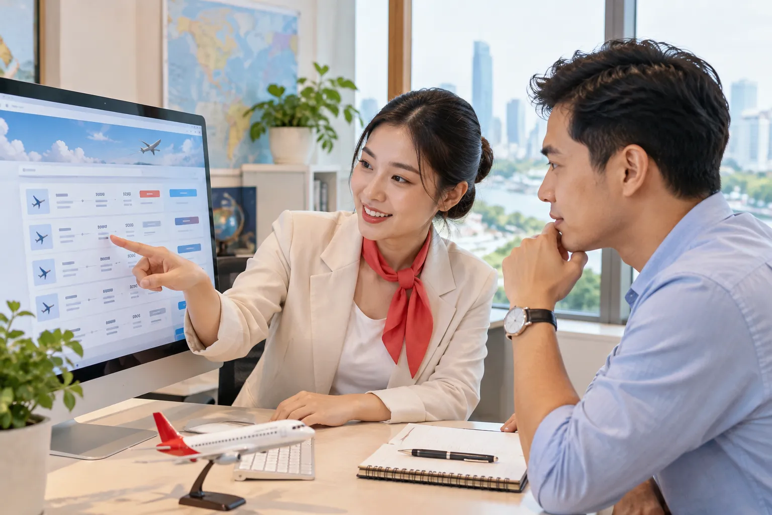 Nhân viên hỗ trợ khách so sánh các lựa chọn chuyến bay