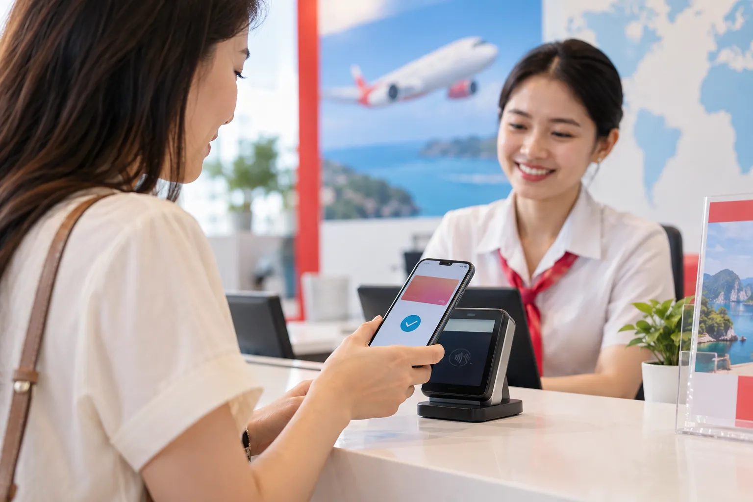 Khách hàng thanh toán bằng điện thoại tại quầy vé