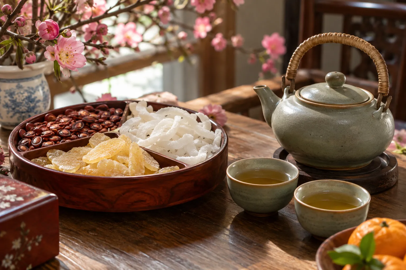 Ấm trà và khay mứt Tết bên cành đào