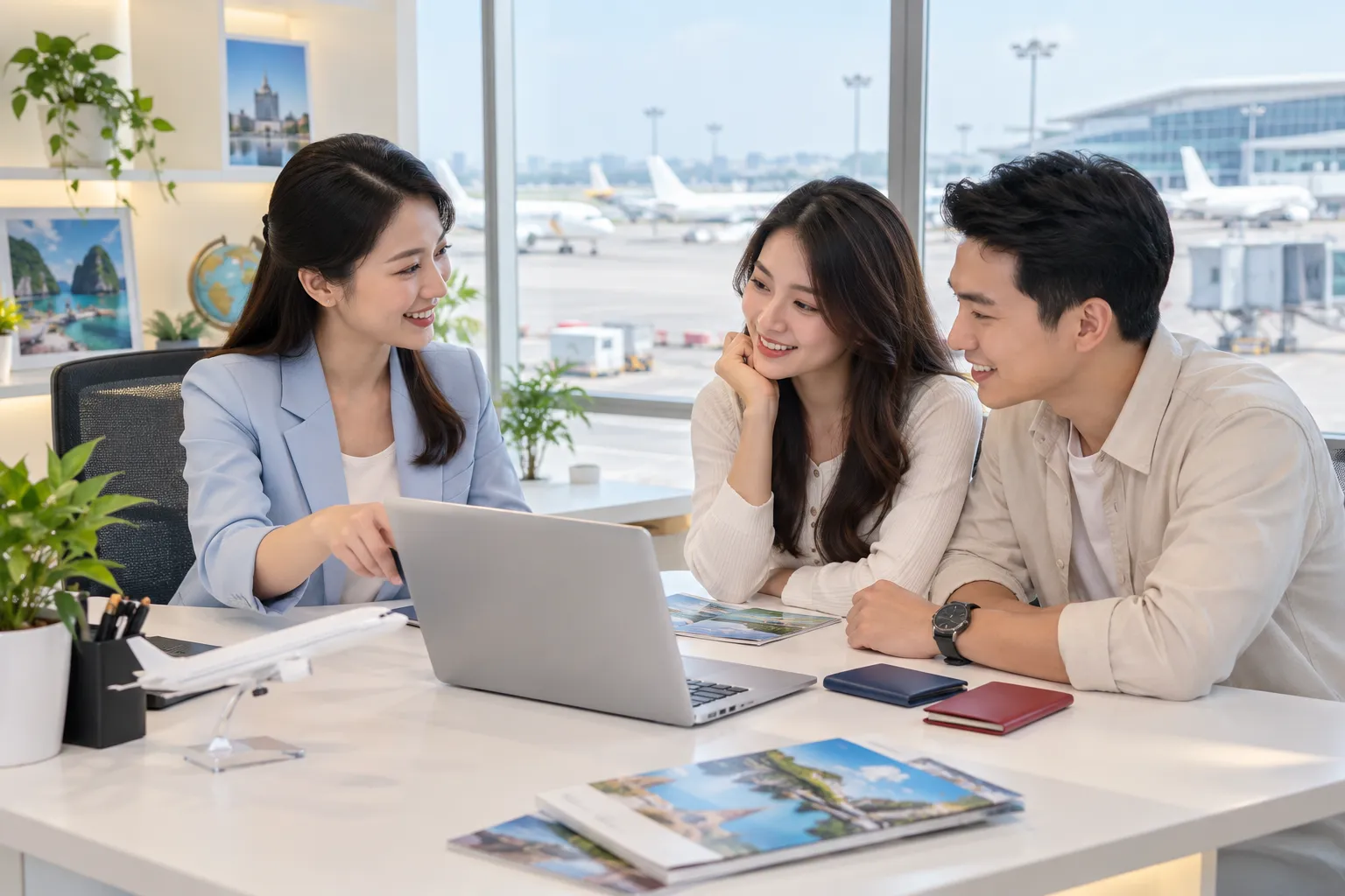 Nhân viên tư vấn chuyến bay cho khách tại đại lý vé máy bay
