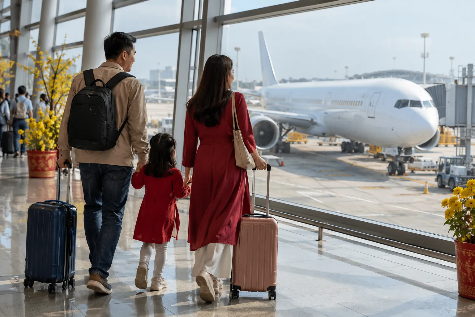 Gia đình mang vali tại sân bay để về quê đón Tết